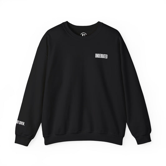 Underrated Black Crewneck Sweatshirt — Minimal Logo Chest & Sleeve