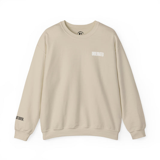 Underrated Black Crewneck Sweatshirt — Minimal Logo Chest & Sleeve