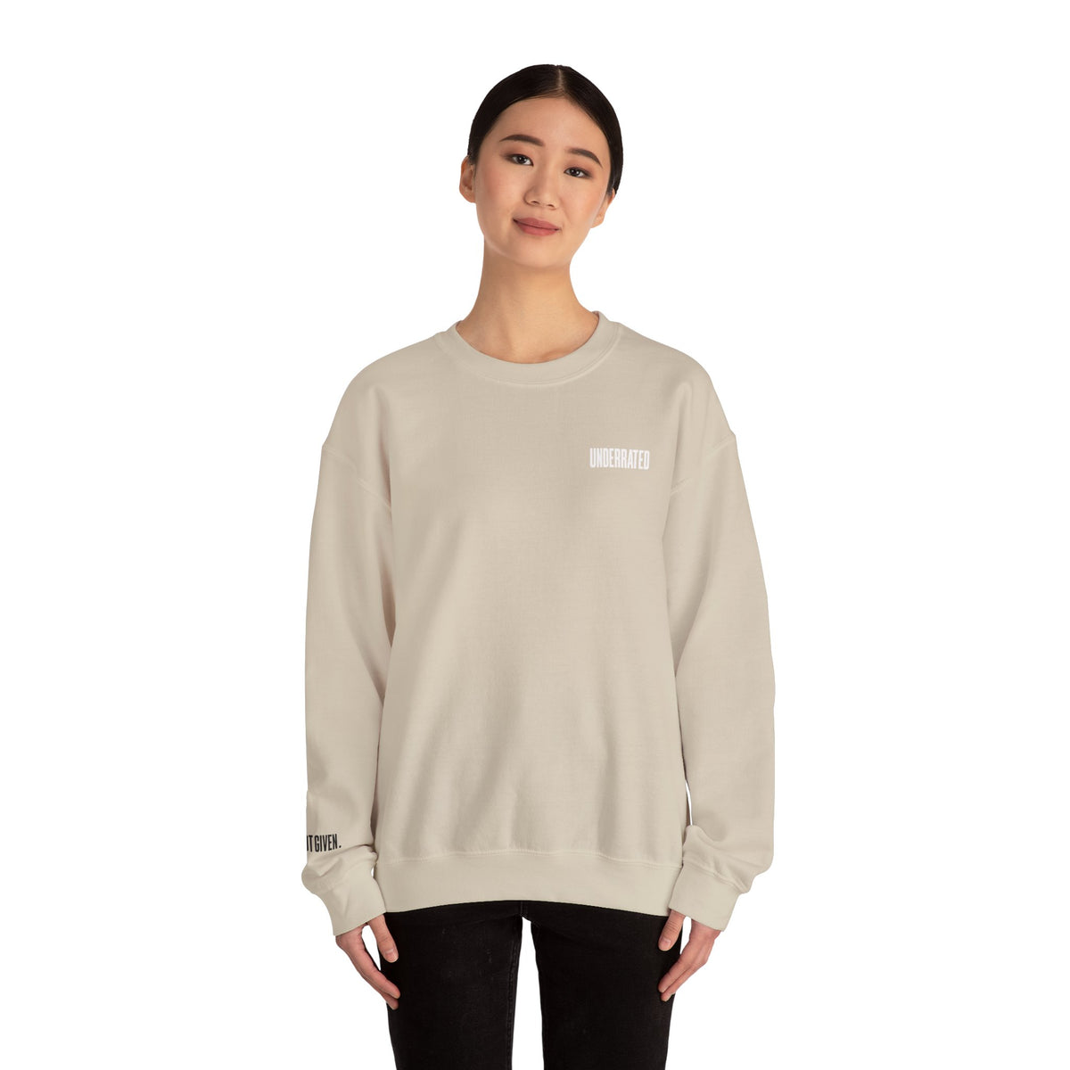 Underrated Black Crewneck Sweatshirt — Minimal Logo Chest & Sleeve