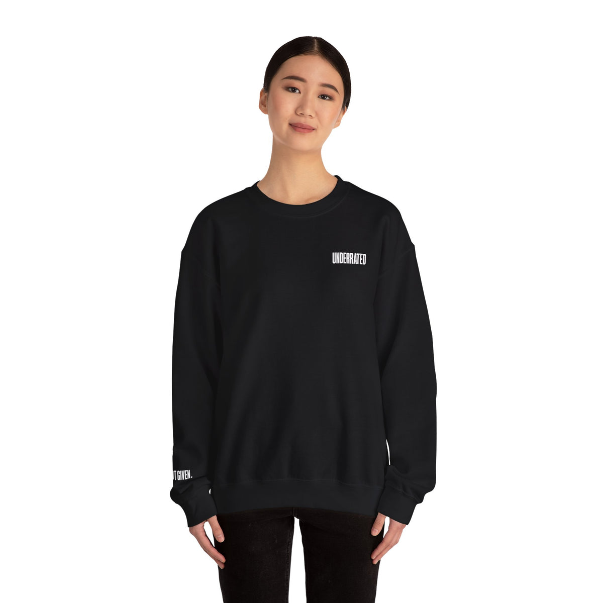 Underrated Black Crewneck Sweatshirt — Minimal Logo Chest & Sleeve
