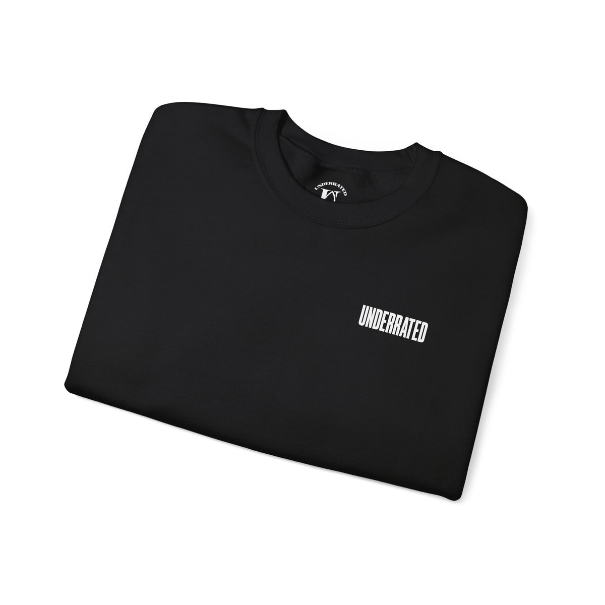 Underrated Black Crewneck Sweatshirt — Minimal Logo Chest & Sleeve