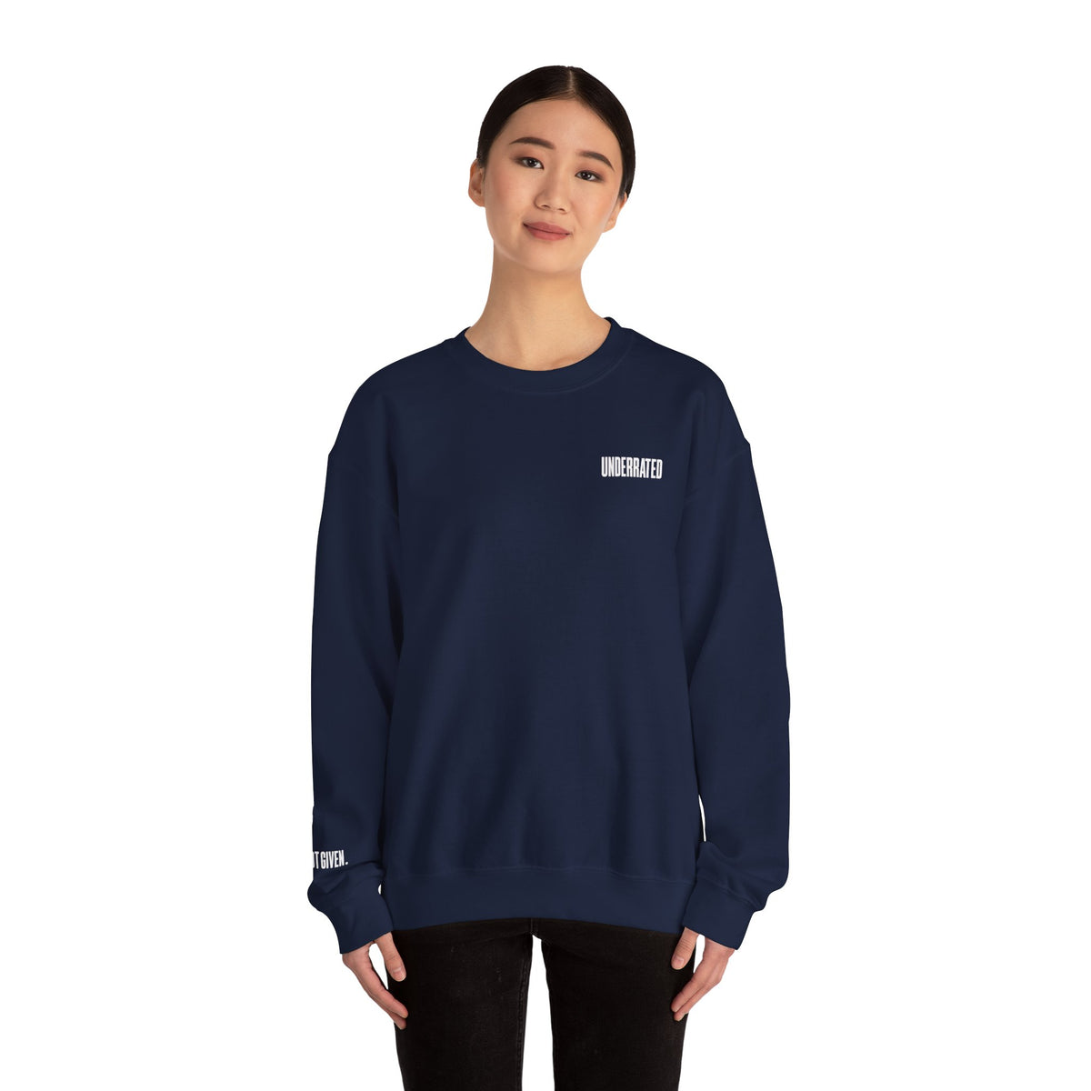Underrated Black Crewneck Sweatshirt — Minimal Logo Chest & Sleeve